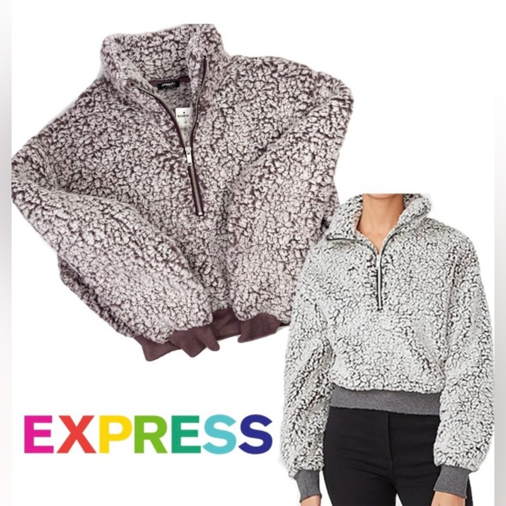 Express Factory Super Soft Cropped Half-Zip Pullover Sherpa Sweater Purple XS